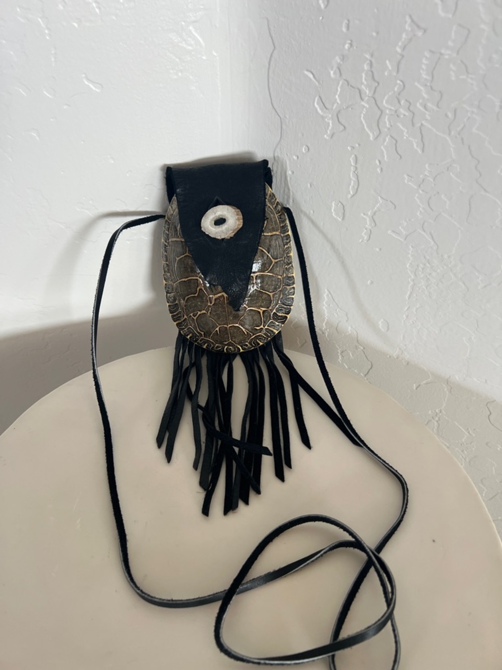 Black and Gold Turtle shell Fringe Leather Crossbody Bag Small